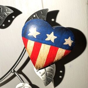 Vintage American Flag Painted Wood Heart Brooch